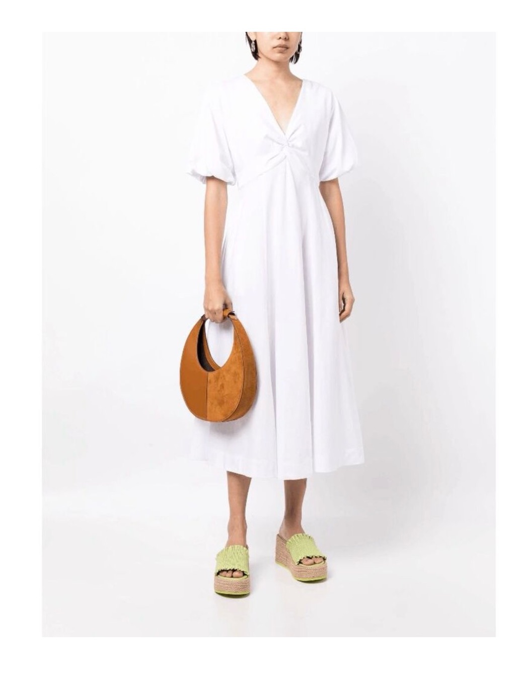 Nwot Staud Finley White Puff-Sleeve V-Back Midi Dress